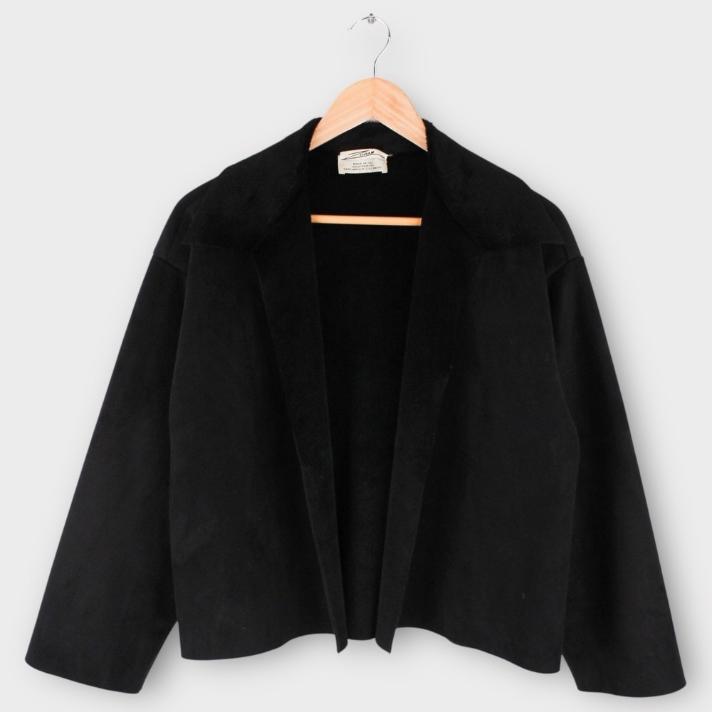 Vintage Zoran Open Front Cardigan Jacket Black Lined Italy Minimalist Cropped L
